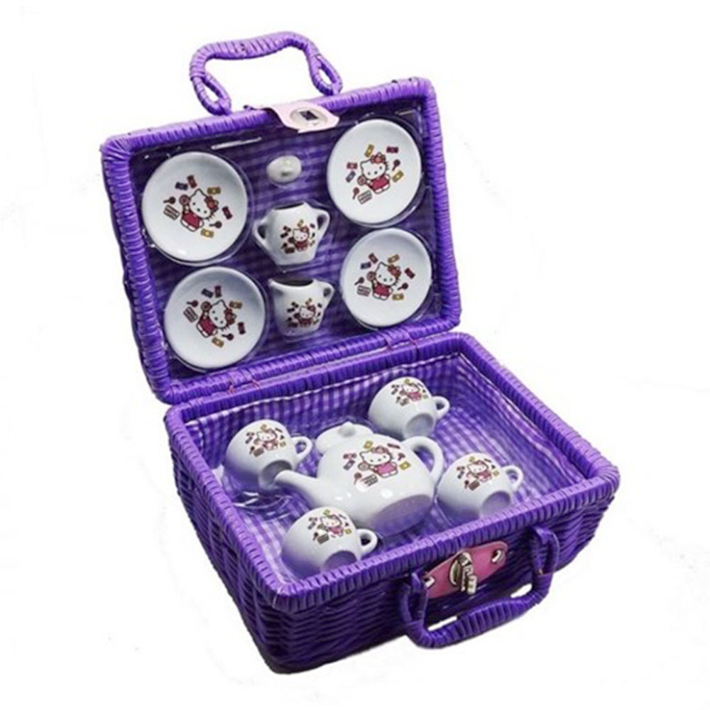 Hello Kitty Porselen Çay Seti 13 Parça Mor Çantalı